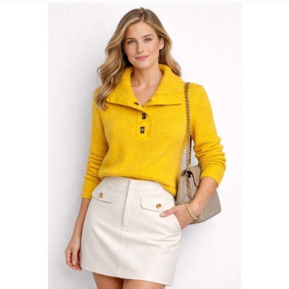 Lauren Ralph Lauren (LRL) 1/4 button sweater with a high collar and gold clasp
